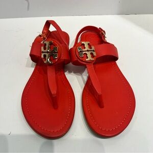 Tory Burch Red Leather Slingback Thong Sandals - Gold Medallion - 7M